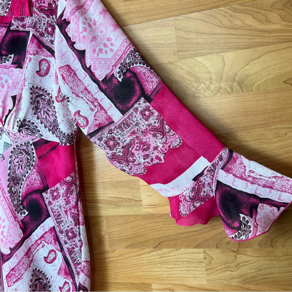 Blue Diamond XL Sheer Surplice Peplum Style Top with Bell Sleeves Pink &… - Picture 4 of 9